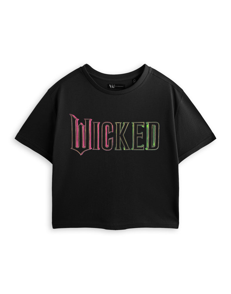 Wicked Green Pink Logo Womens Black Cropped Short Sleeved T-Shirt