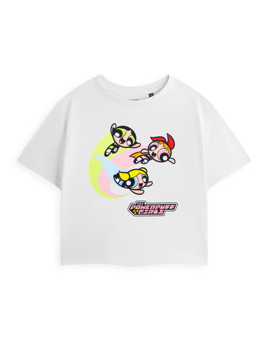 The Powerpuff Girls Flying Womens White Cropped Short Sleeved T-Shirt