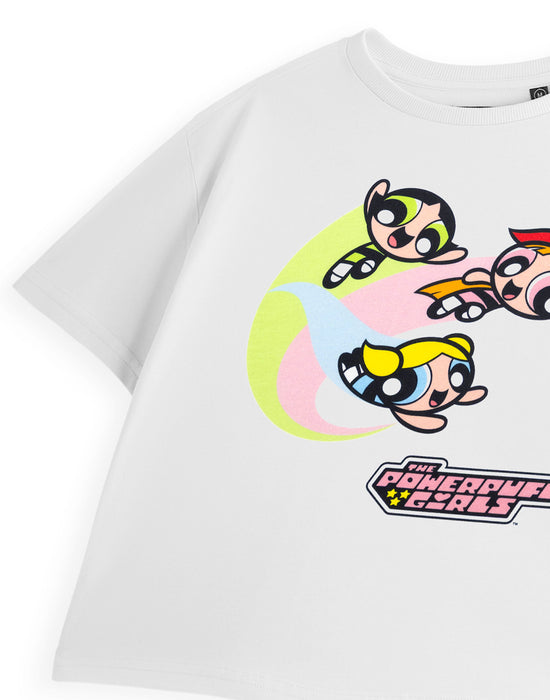 The Powerpuff Girls Flying Womens White Cropped Short Sleeved T-Shirt