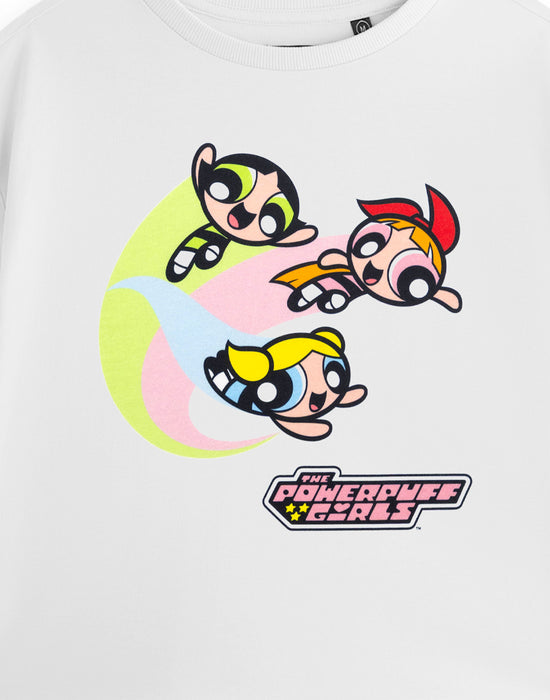 The Powerpuff Girls Flying Womens White Cropped Short Sleeved T-Shirt