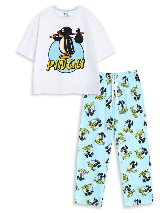 Pingu Character Womens Blue Short Sleeve Long Leg Pyjama Set