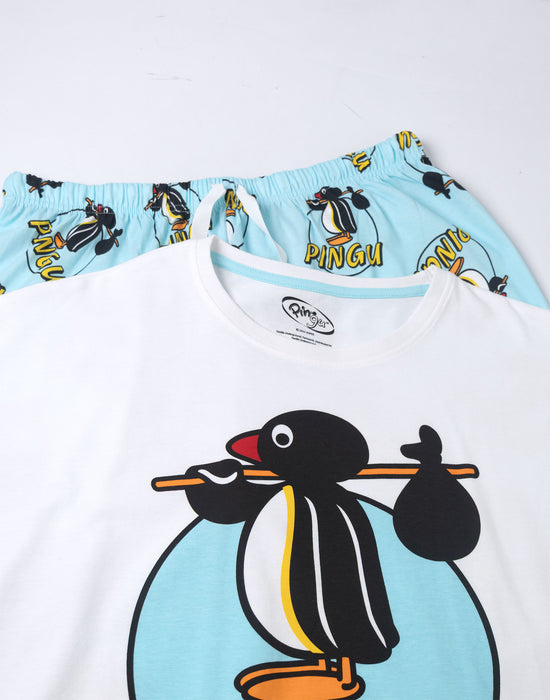 Pingu Character Womens Blue Short Sleeve Long Leg Pyjama Set