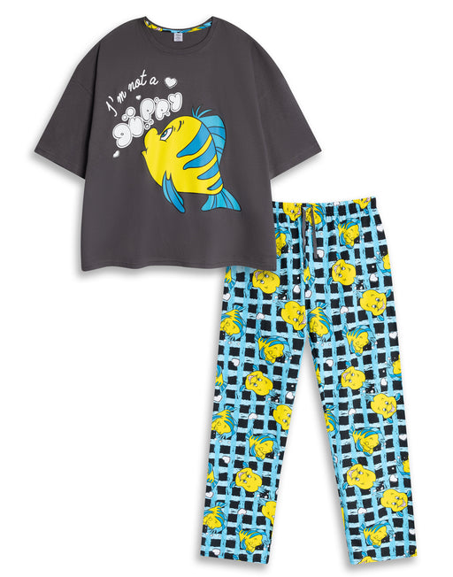 Disney The Little Mermaid And Flounder Womens Grey Short Sleeve Long Leg Pyjama Set
