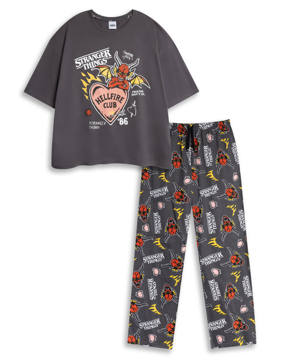 Stranger Things Logo Womens Grey Short Sleeve Long Leg Pyjama Set