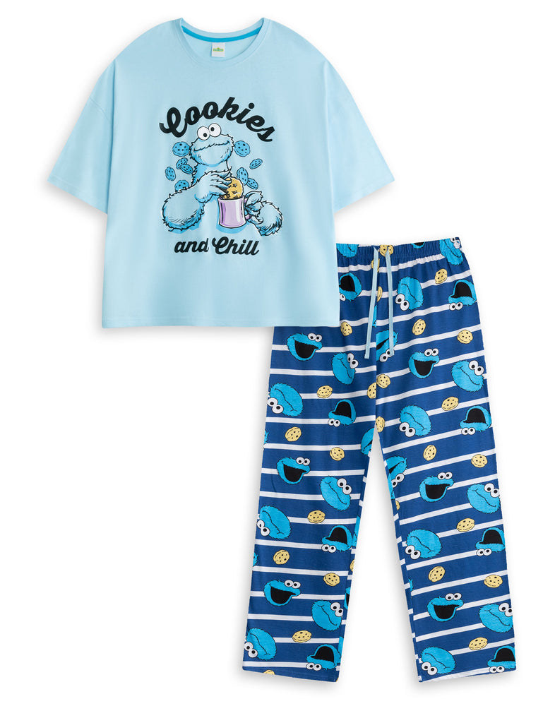 Sesame Street Cookie Monster Womens Blue Short Sleeve Long Leg Pyjama Set