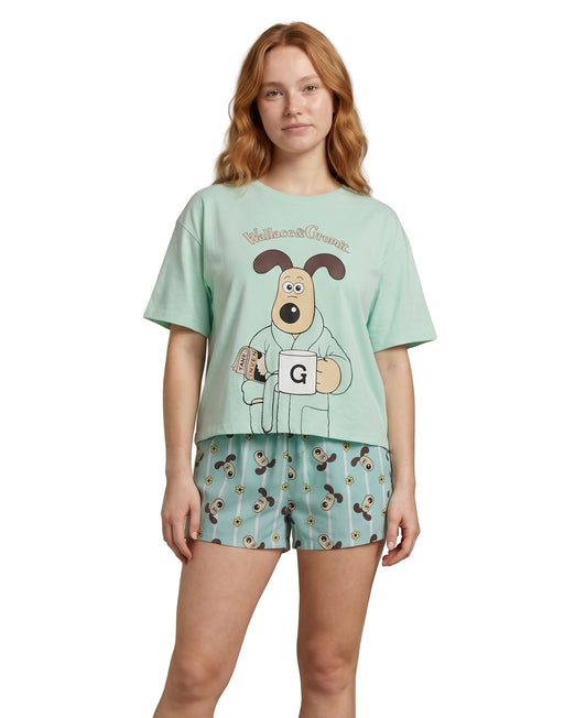 Wallace And Gromit Cup Character Womens Green Short Sleeve Short Leg Pyjama Set