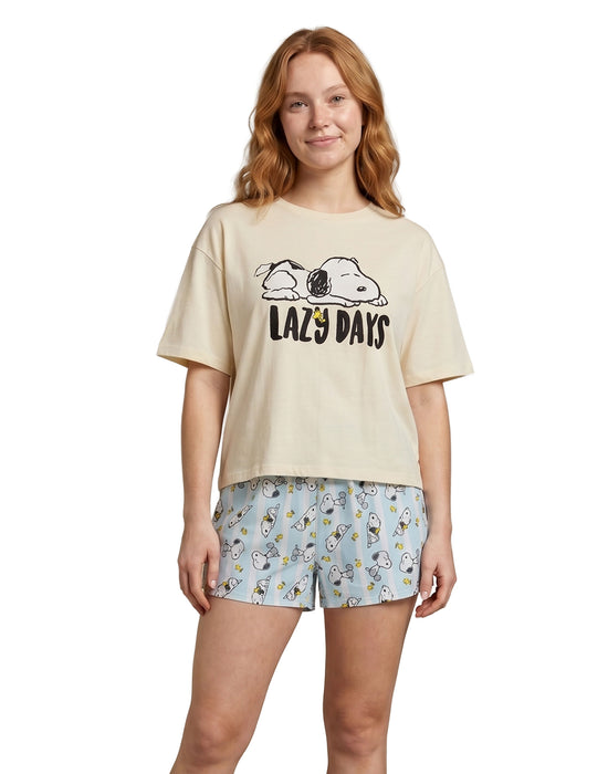 Peanuts Snoopy Lazy Days Womens Beige Short Sleeve Short Leg Pyjama Set