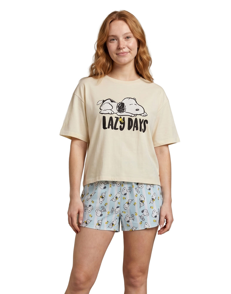 Peanuts Snoopy Lazy Days Womens Beige Short Sleeve Short Leg Pyjama Set