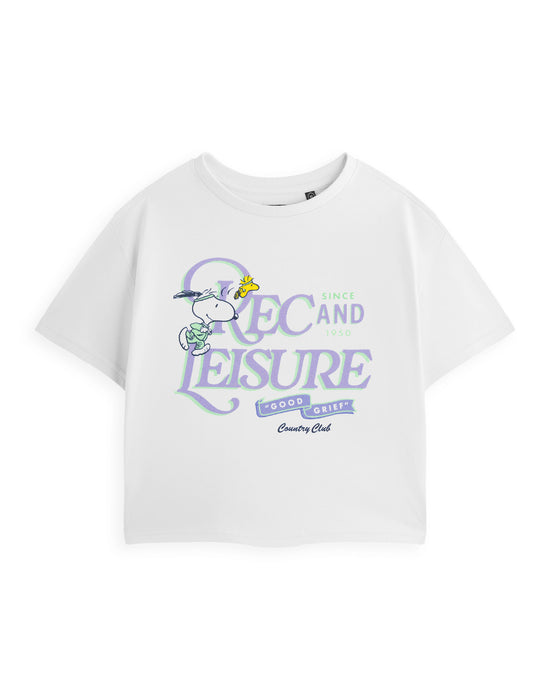 Peanuts Recs & Leisure Snoopy Womens White Cropped Short Sleeved T-Shirt