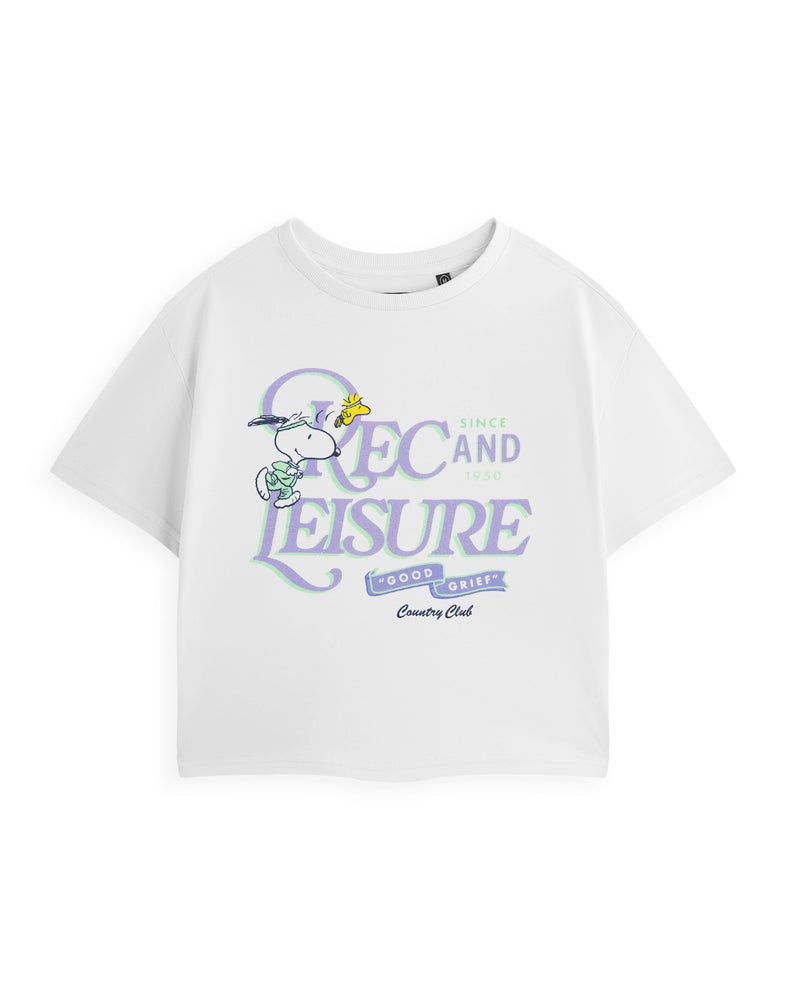 Peanuts Recs & Leisure Snoopy Womens White Cropped Short Sleeved T-Shirt