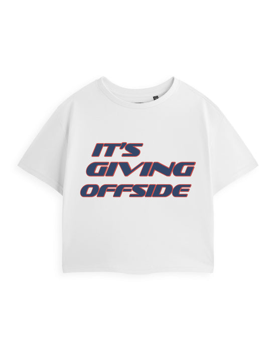 Show Me The Merch It's Giving Offside Womens White Cropped Short Sleeved T-Shirt