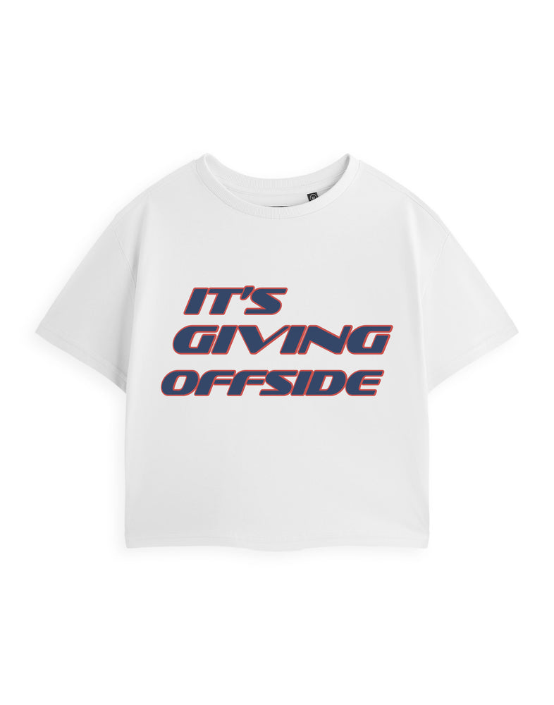 Show Me The Merch It's Giving Offside Womens White Cropped Short Sleeved T-Shirt