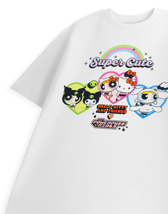 Hello Kitty & Friends And The Powerpuff Girls Super Cute Womens White Short Sleeved T-Shirt