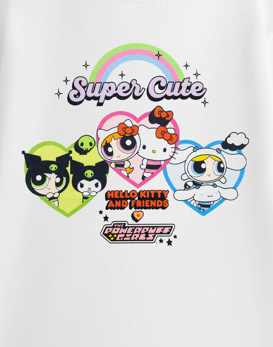 Hello Kitty & Friends And The Powerpuff Girls Super Cute Womens White Short Sleeved T-Shirt