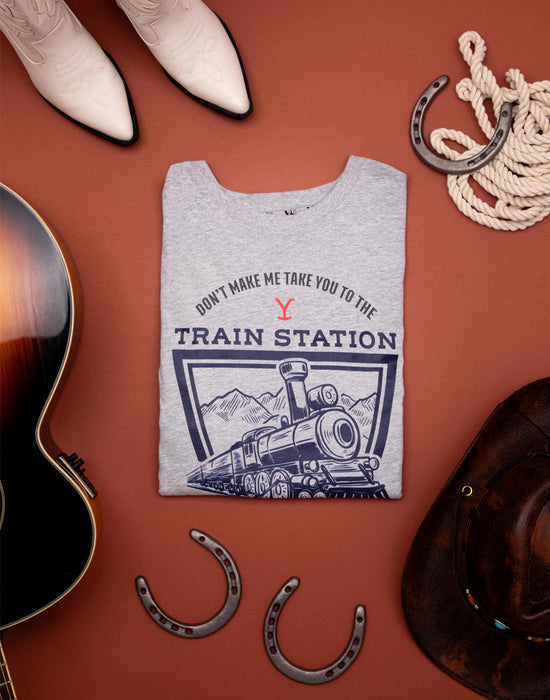 Yellowstone Dutton Ranch T-Shirt For Men - Grey Marl Graphic Tee, Short Sleeve, Western Train Station Design