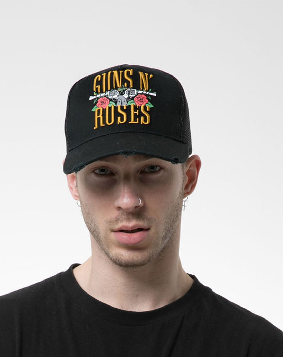 Amplified Guns N Roses Stacked Logo Distressed Trucker Cap  Vanilla ...