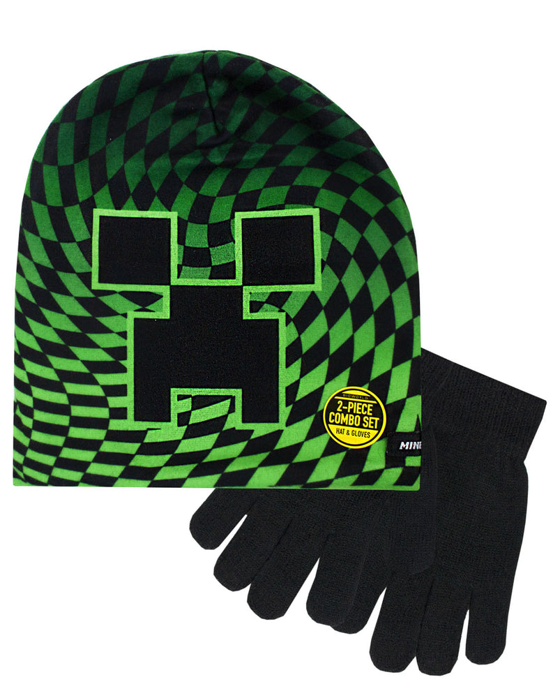 Minecraft Boy's Creeper Checkered 2 piece Kids Hat and Gloves Set