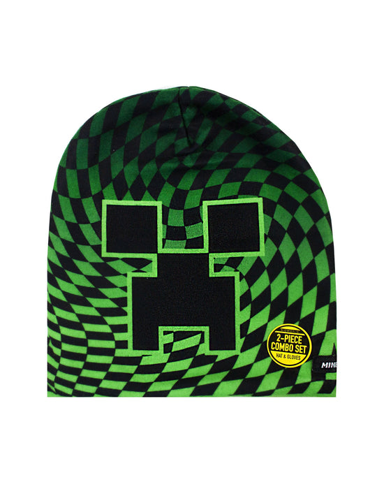 Minecraft Boy's Creeper Checkered 2 piece Kids Hat and Gloves Set