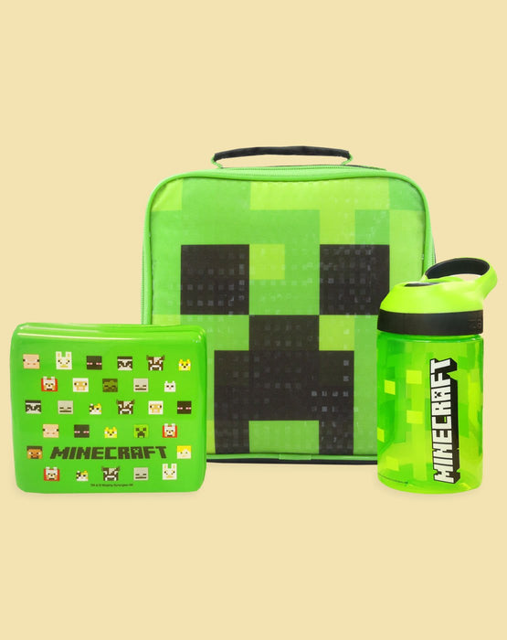  - The Minecraft Creeper lunchbag with a black handle measures approximately 23x23x8cm and fits a Minecraft bottle and a food container inside. The BPA and leak free water bottle with the capacity of 473ml has a drinking straw for comfortable drinking. The food container measures 12x12x5cm and is perfect for little snacks or a meal.<br>