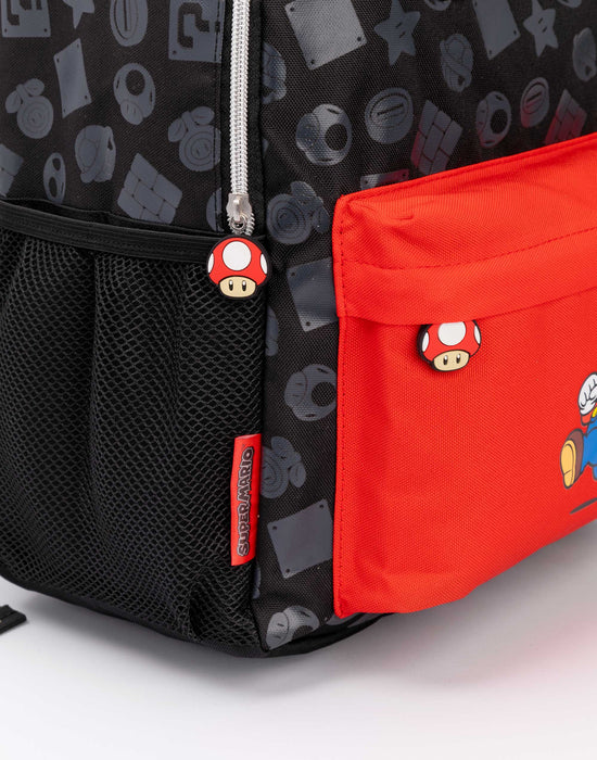  Our gamer rucksack includes one main pocket & a small red front pocket that are both closed via a cool Toad Mushroom character zip. The awesome gamer backpack features an all over print of the games elements finished with a Super Mario logo and character print.