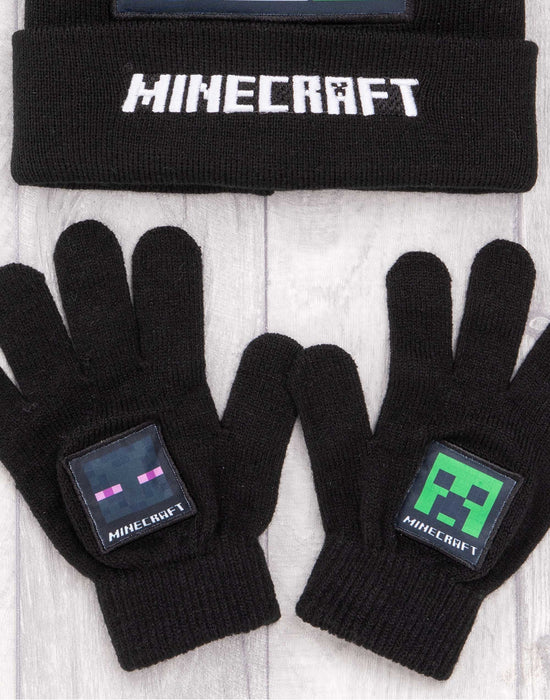 Minecraft Characters Black Beanie , Scarf and Glove Set