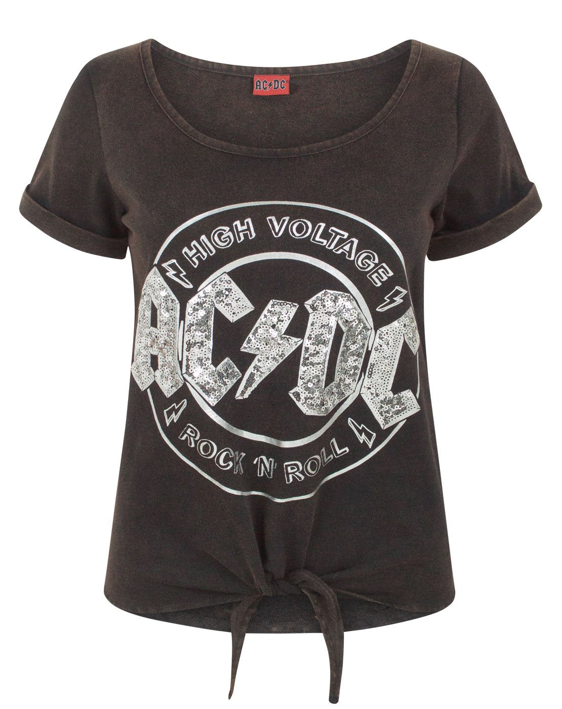 AC/DC High Voltage Sequin Acid Wash Women's Tie Front T-Shirt — Vanilla ...