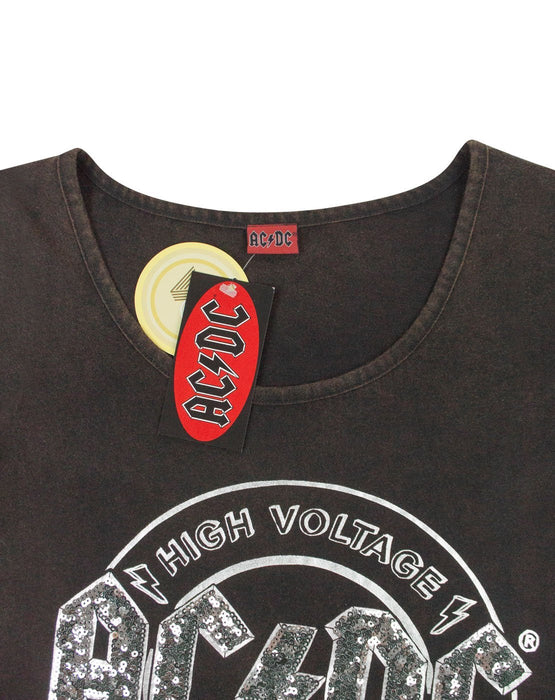 AC/DC High Voltage Sequin Acid Wash Women\'s Tie Front T-Shirt — Vanilla  Underground
