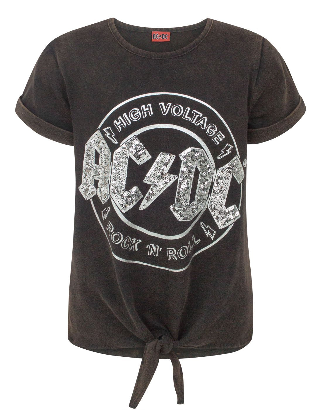 AC/DC High Voltage Sequin Girl's Acid Wash Tie Front T-Shirt — Vanilla ...