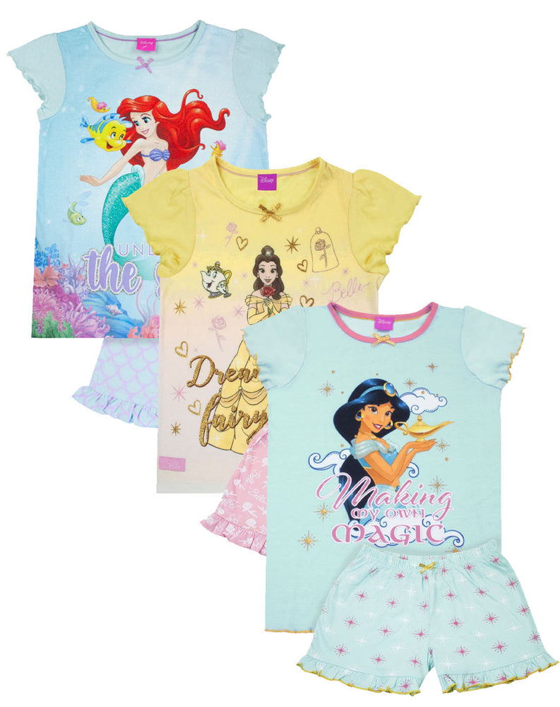 Disney Girls Princess Jasmine, Belle and Ariel Shorts & Top 3 Pack Pyjamas Bundle