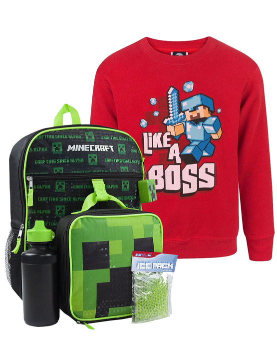 Minecraft Kids Creeper 5 Piece Backpack Set and Like A Boss Sweatshirt Gift Set Bundle