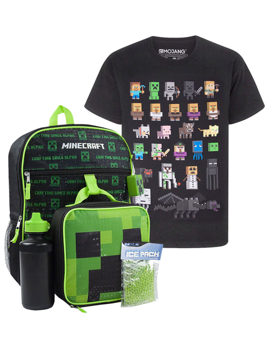 Minecraft Kids Creeper 5 Piece Backpack Set and Sprites T-Shirt Gift Set Bundle