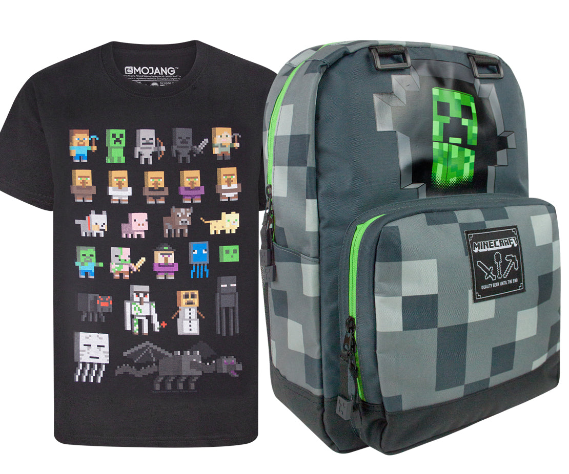 Minecraft Creeper Inside Backpack and Sprites T-Shirt Gift Set Bundle