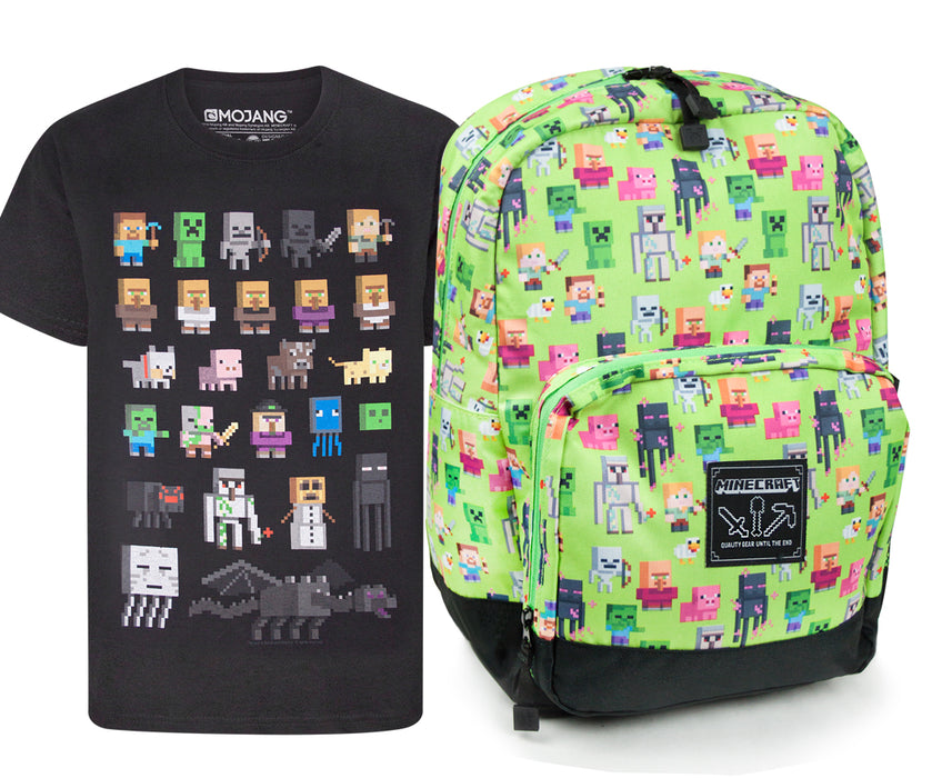 Minecraft Steve Overworld Sprites Backpack and Sprites T-Shirt Gift Set Bundle