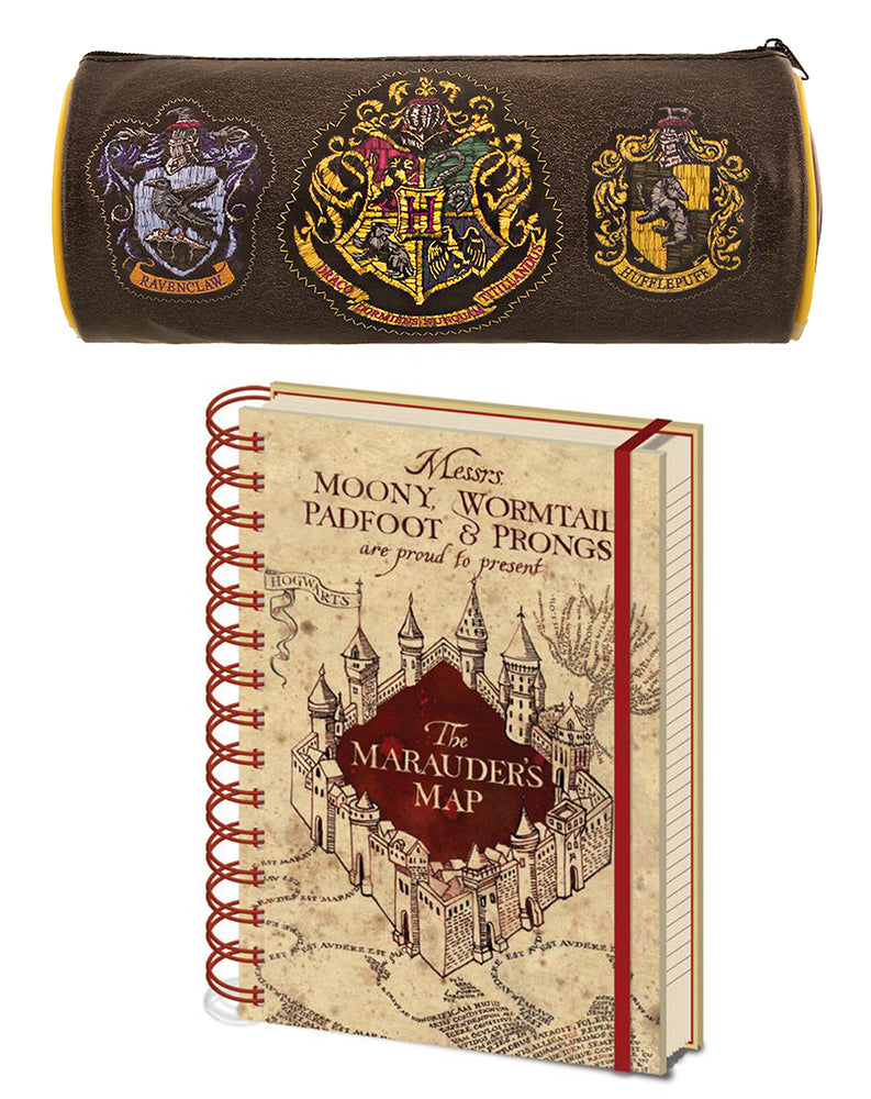 Harry Potter Hogwarts House Crests Pencil Case and Marauders Map Notebook Stationary Set