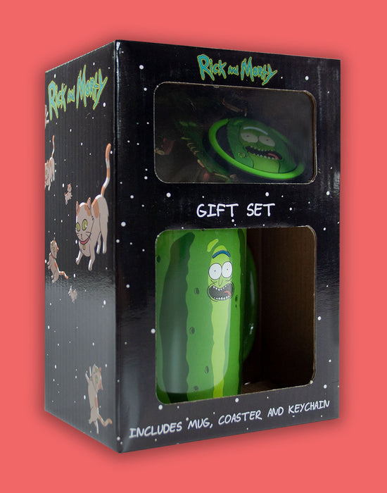 Rick and Morty Pickle Rick Mug, Coaster and Keychain/Keyring Merch Gift Set
