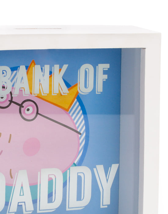 BANK OF DADDY PEPPA PIG BLUE DESIGN - The Peppa pig saving box comes in blue and white featuring the much loved character Daddy Pig wearing a crown with text reading ‘BANK OF DAD’ making the best Peppa Pig gift for Dads, Step-Dads and Grandads!