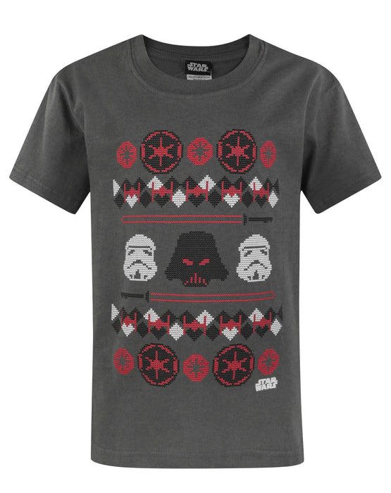 Star Wars Darth Vader Fair Isle Christmas Charcoal Short Sleeve Boy's T-Shirt