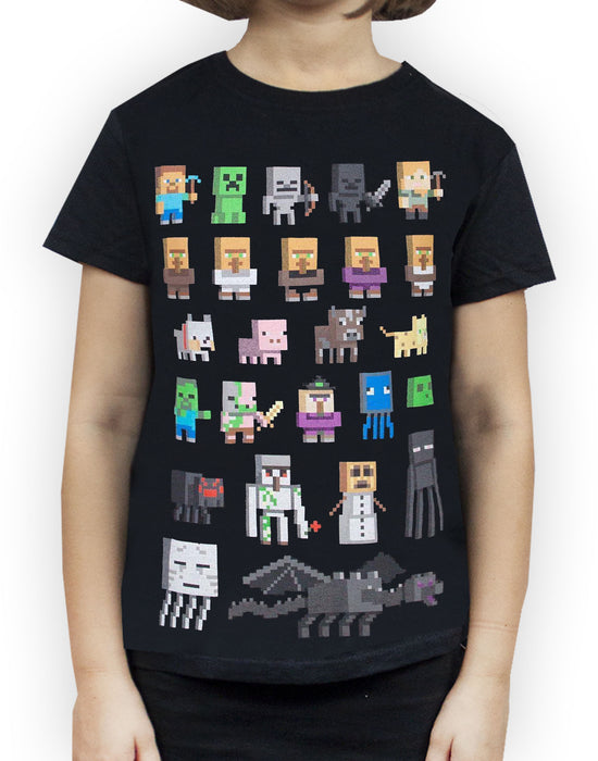Minecraft Sprites Girl's Black Short Sleeve T-Shirt Kids Gamer Tee