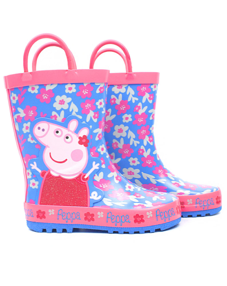 Kids will love our officially licensed Peppa Pig welly boots that feature favourite character Peppa waving her arms excitedly surrounded by an adorable pink and blue floral print. The wellington boots are sure to put a smile on the little one's face.