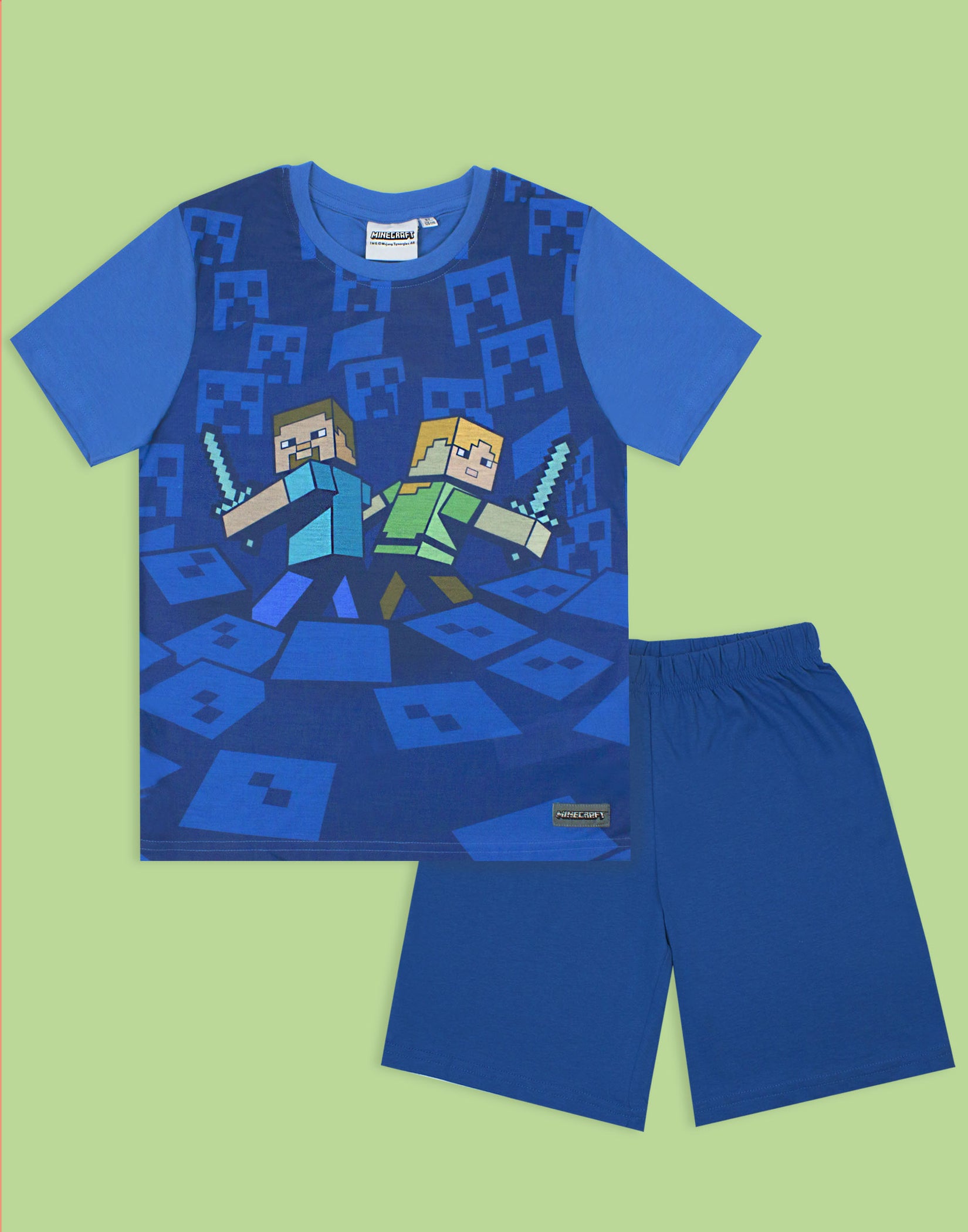 Pyjama Garçon Minecraft – Haut Manches Courtes Logo, Bas Reserré Chevilles, 100% Polyester, Taille 7-8 Ans