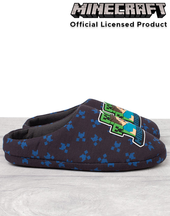 Blue super soft and slip on mule design with hard sole, perfect for any Minecraft fan! Features the popular characters Steve and the villain, Creeper underlined with the official Minecraft logo making a must have Minecraft gift!