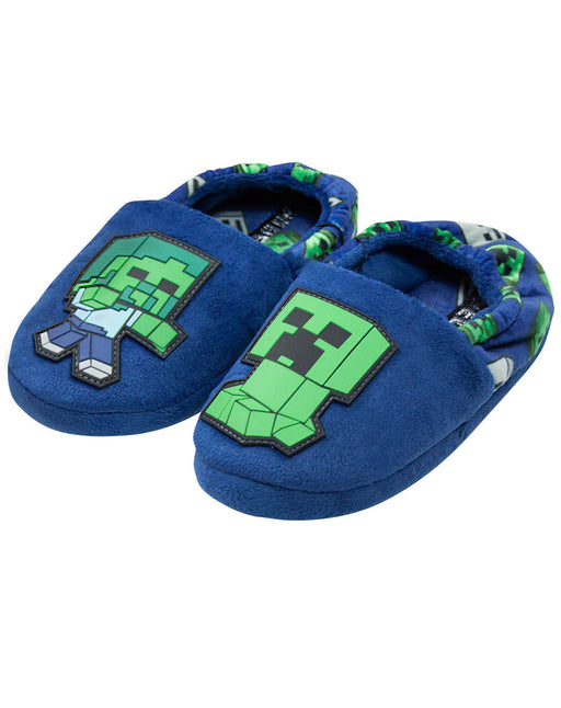 Minecraft Creeper vs Zombie Boys Blue Slipper Kids House Shoe - Blue