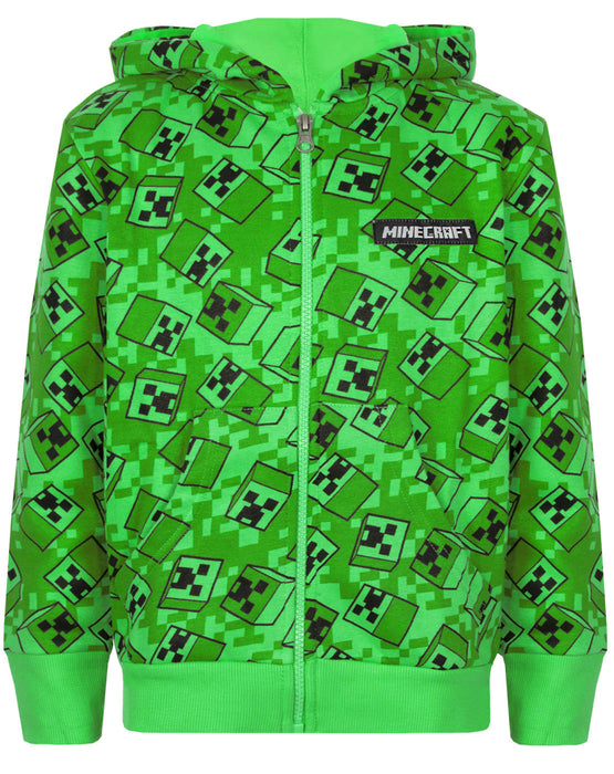 Minecraft Creeper All Over Print Boys Green Zip Up Hoodie