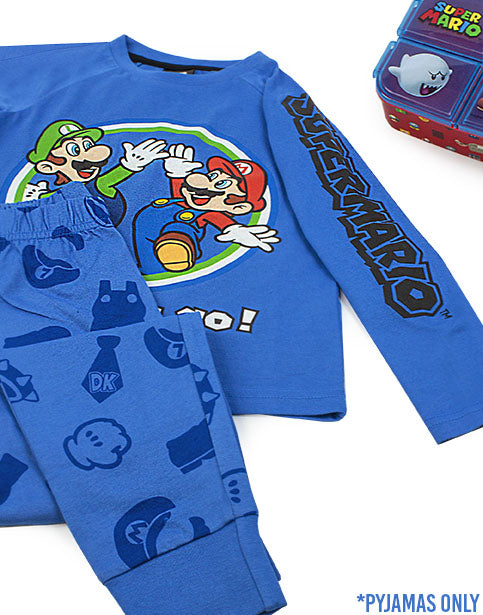 - Featuring the unstoppable duo team Mario and Luigi in a colourful print on their next adventure in Mushroom Kingdom against a blue long sleeve Super Mario tee. Matched perfectly with an all-over print trousers design of Super Mario 'Power-Up's' making an awesome Super Mario gift for birthdays, costumes parties, Christmas and all occasions.