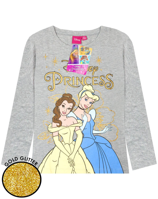 Disney Princess Characters Glitter Grey Long Sleeve Girl's T-shirt