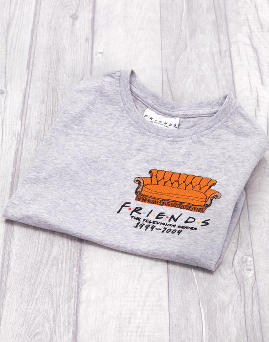 Friends Embroidered Central Perk Couch Girl's Cropped T-Shirt - Grey