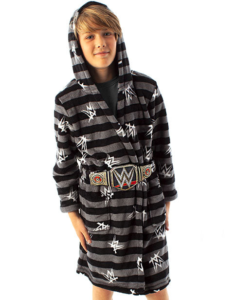  Wrestling bathrobe for children has long sleeves, a soft and cosy hooded neck, two handy size pockets for carrying your goodies and treats finished with a super cool wrestling title belt making the perfect gift for your little wrestlers!