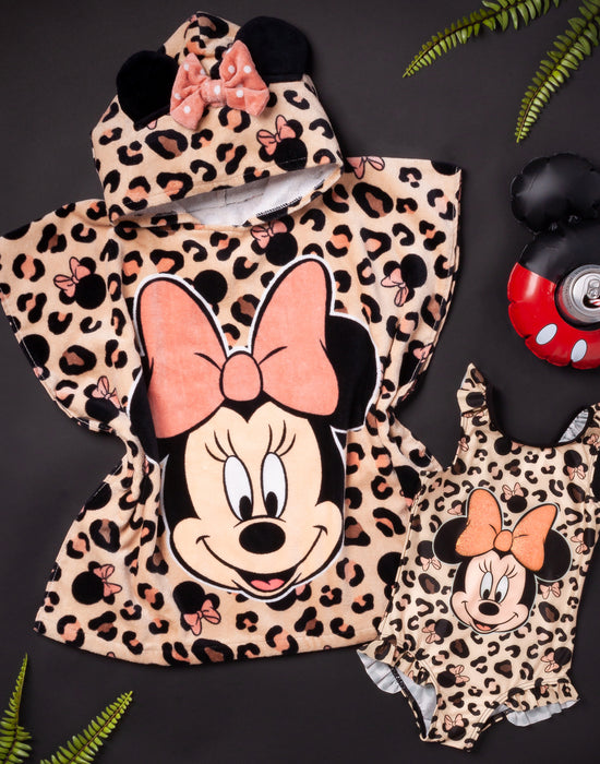 Disney Minnie Mouse Girl’s Swimsuit & One size Hooded Towel Poncho Set | Kids Disney Swimming Costume | Children’s Bath Towel With 3D Ears | Disney Gift