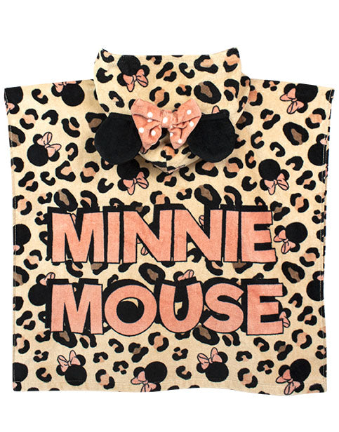 SOFT MINNIE MOUSE 3D EARS & BOW PONCHO TOWEL FOR GIRLS - The children’s Disney poncho towel features an all over leopard print with a Minnie Mouse character face print and adorable 3D ears and dotty bow across the hood! The back of the magical poncho reads ‘MINNIE MOUSE’ making an awesome must have Disney gift!