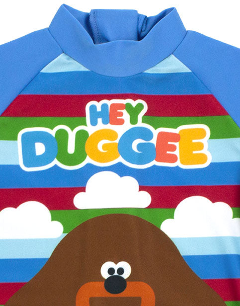 HEY DUGGEE & STRIPED SWIM SUIT SET - Featuring the much-loved dog character Hey Duggee, the leader of The Squirrel Club against a colourful striped blue and multicoloured swimwear set, adorable for toddlers and children!